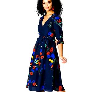 Floral Anthropologie Style Dress Fit and Flare Size Large Navy Blue Dress Sleeve